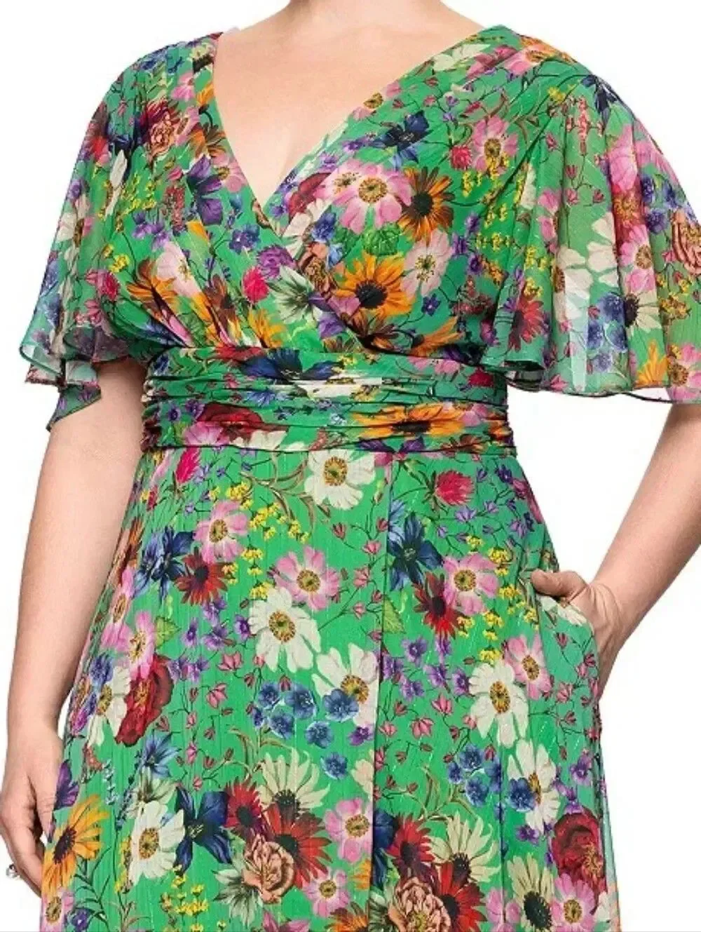 NWT Betsy & Adam Green Plus Size Floral-Print Flutter-Sleeve A-Line Dress 20 20W